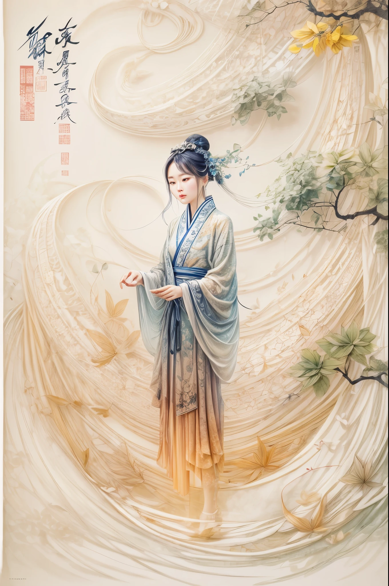 /I A three-dimensional character wearinghanfu,minimalism and abstract illustration, chinese ink painting style, chinese xuan paper texture, light penetrate the air, Fractals effect, Phosphore scence effect
