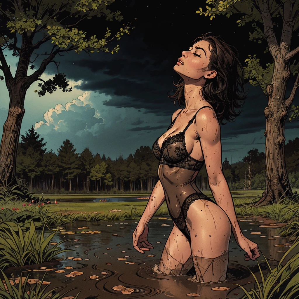 dirty, muddy, wearing black lingerie, drowned in mud, bog, grass, trees, muck, orgasm, looking up, eyes closed, mouth open, stormy weather, Solo, From Side, 