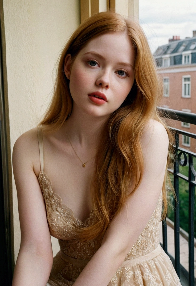 A raw, unedited photograph, taken with a low-quality cell phone camera, a candid photo of a 23-year-old woman, looks like as Ellie Bamber, with striking features, beautiful full lips, shy look, youthful appearance, light brown long hair, bathed in warm natural light. The delicate curves of her body are portrayed faithfully, you can see her delicate body in detail. She is sitting near the balcony of her apartment, the style resembles a boudoir shoot. Agfa 4 0 0 color film, adjusted composition, beautiful framing lifestyle photography, candid, realistic, epic realism,l1vvydunne,SergeyProkudinGorsky