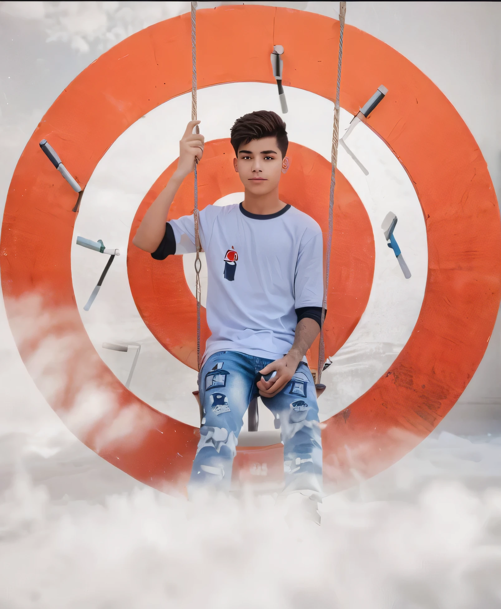 Boy 25 Yair The image shows a young man sitting on a swing set against a backdrop of target bullseye symbols.