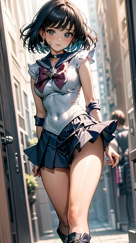 High resolution，Detailed Description，Highest quality，(Sailor Warrior Uniform),Sailor Saturn，Black Hair，universe，leotard，High Leg，Purple Skirt，Knee-high boots，Elbow Handbag，Thick thighs，The skirt is short,スカートの下に白色のleotardが見える，The skirt is blown away by the wind，blush，Embarrassed expression，Open your mouth，
