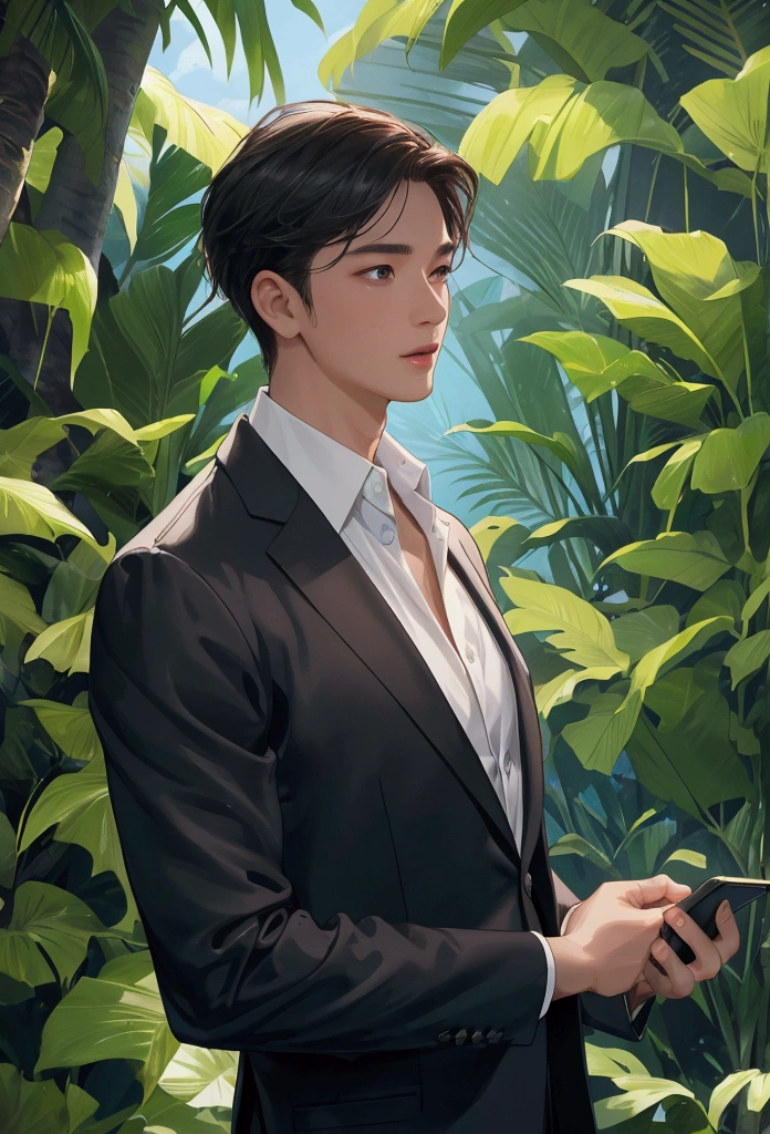 a young businessman in tropical setting,talking on mobile phone,outdoors in lush green environment,detailed facial features,sharp focus,ultra-detailed,4k,photorealistic,professional photography,cinematic lighting,warm color tones,beautiful scenery