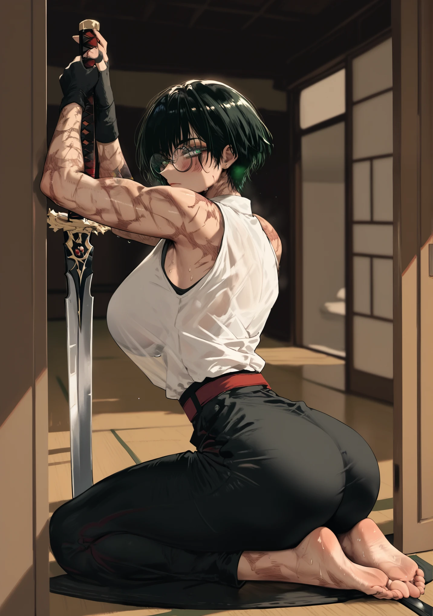 score_9, score_8_up, score_7_up, score_6_up, score_5_up, score_4_up, uncensored, masoqmaki, 1girl, burn scar, muscular female, short hair, black hair, round eyewear, glasses, green eyes, BREAK (masterpiece:1.2), best quality, high resolution, (detailed eyes:1.3), perfect lighting, (perfect hands, perfect anatomy), weapon, barefoot, breasts, feet, sword, soles, ass, pants, toes, shirt tucked in, large breasts, looking at viewer, gloves, sitting, shirt, 1girl, sliding door, black pants, sleeveless, white shirt, black gloves, holding, seiza, reflection, blush, solo, bare shoulders, holding sword, high-waist pants, closed mouth, sweat, sleeveless shirt, tatami, holding sword, bare arms, from side, red belt, belt, indoors, looking back, fingerless gloves, wooden floor, hollow eyes, 