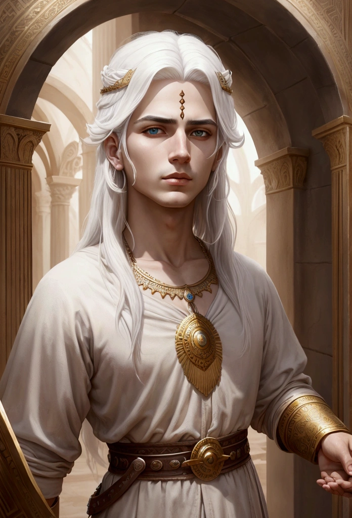 Character inspired by Alexander the Great, facing the front, focus on your face in seeking knowledge, tematica darck fantasy realista, white hair showing wisdom