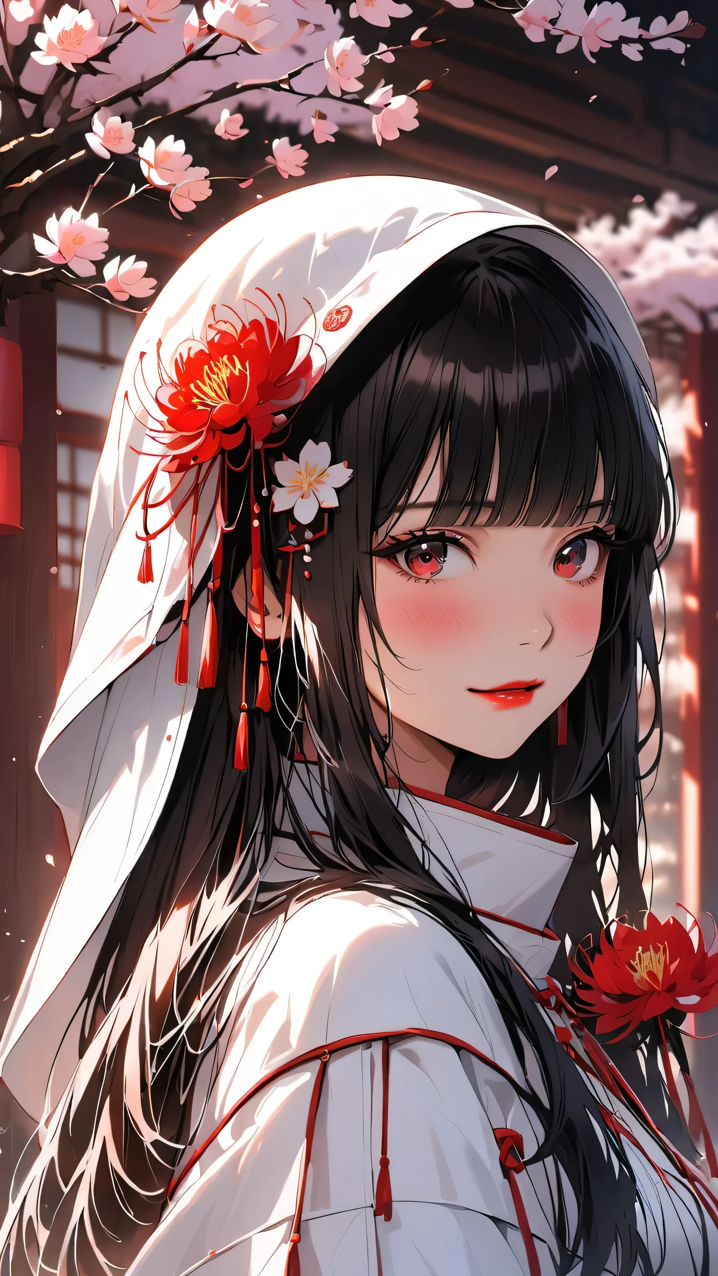 highest quality、masterpiece、1 girl、cherry blossoms background、, red eyes, black hair :1.5, uchikake 、Black and white world、Black and white world、long hair 、side blade,light smile, blush, red lips, blunt bangs , sunlight , white flowers hair ornaments, holding spider lily flowers ,