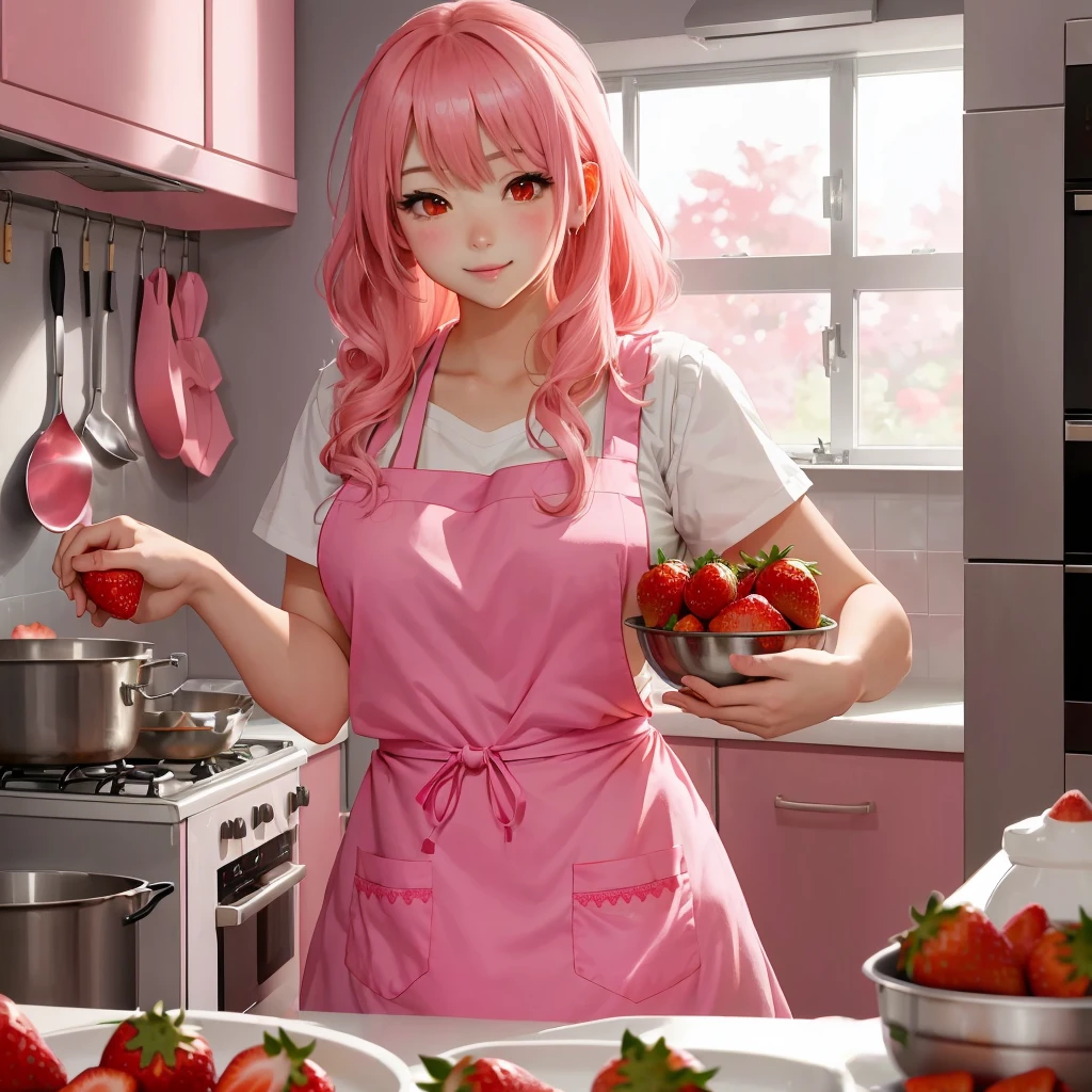 anime girl in pink apron holding bowl of strawberries, cooking, Sakimi-chan, I&#39;m going to make fanart too, in kitchen, painted in anime painter studio, haruno sakura, offcial art, zerochan art, kawaii realistic portrait, realistic anime art style, baking art, , made with anime painter studio, anime food, soft anime cg art