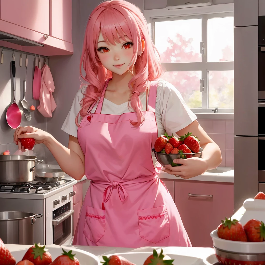 anime girl in pink apron holding bowl of strawberries, cooking, Sakimi-chan, I'm going to make fanart too, in kitchen, painted in anime painter studio, haruno sakura, offcial art, zerochan art, kawaii realistic portrait, realistic anime art style, baking art, , made with anime painter studio, anime food, soft anime cg art