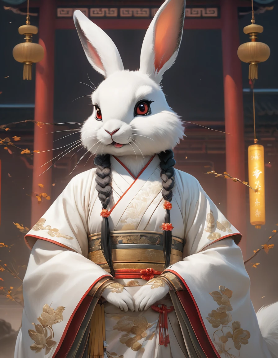 Full body realistic style photo of a Chinese rabbit standing looking viewer, Hands clasped in front, wearing a gold-colored embroidered cranes white hanfu cloth , (((rabbit face and head))), standing looking gently at the viewer, the background is shining and shining, very detailed, trending on the art station , long and very luxurious hanfu dress looks like a goddess descended from heaven, immortal goddes, eternal goddes, sharp focus, studio photo, very detailed, sharp face, sharp subject, detailed subject, furry humanoid, no human head, no human face, animal face , animal heads ,