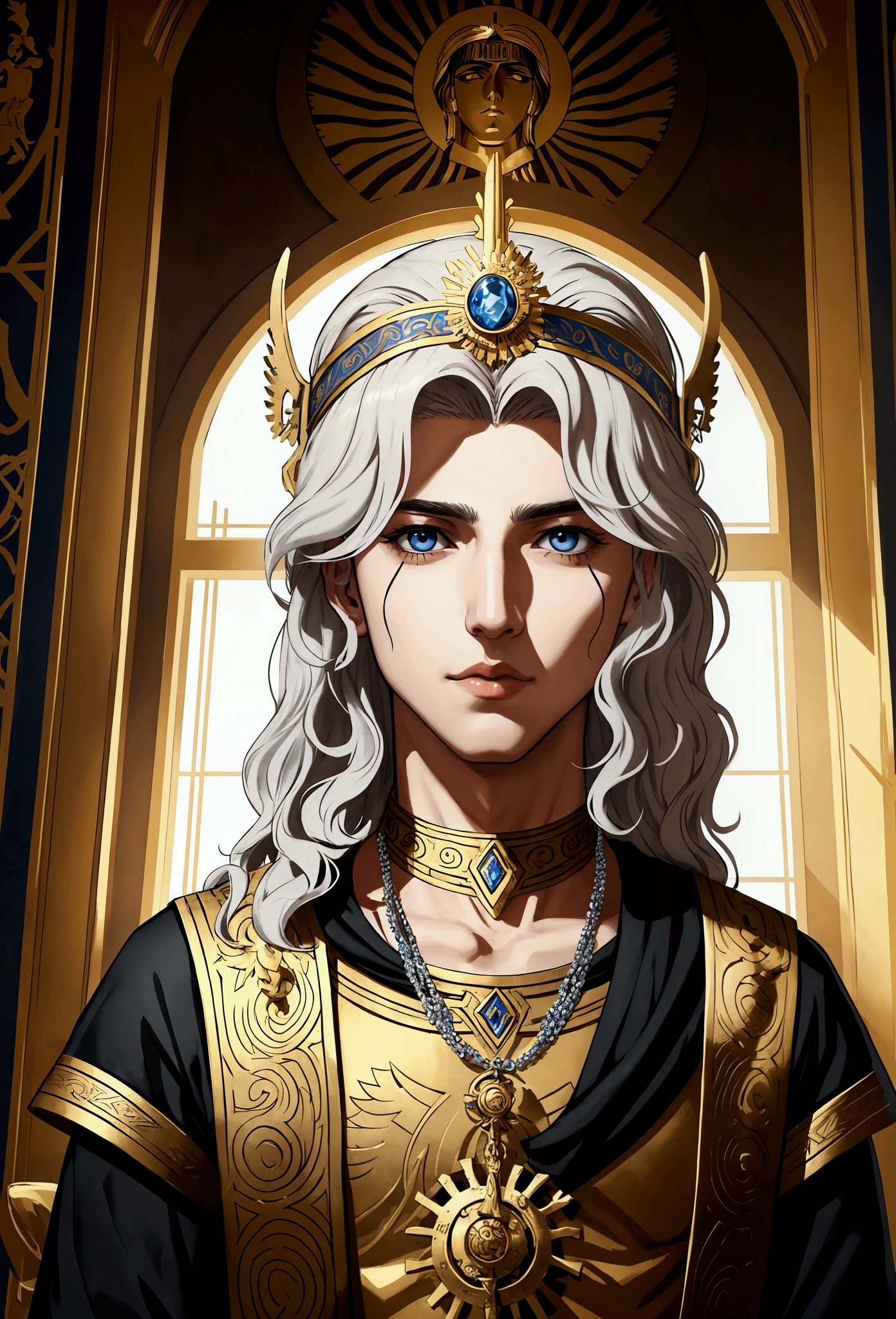Character inspired by Alexander the Great, facing the front, focus on your face in seeking knowledge, tematica darck fantasy realista