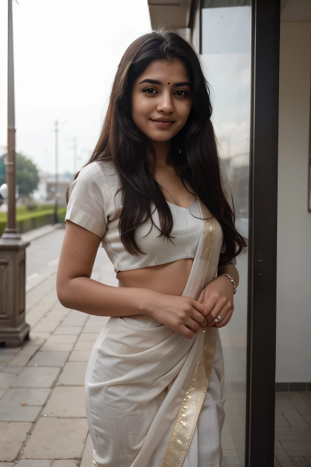 ((best quality)), ((masterpiece)), (detailed), perfect face a beautiful 21 year old Indian girl with long hair smiling face beautiful eyes wearing saree dress small brest