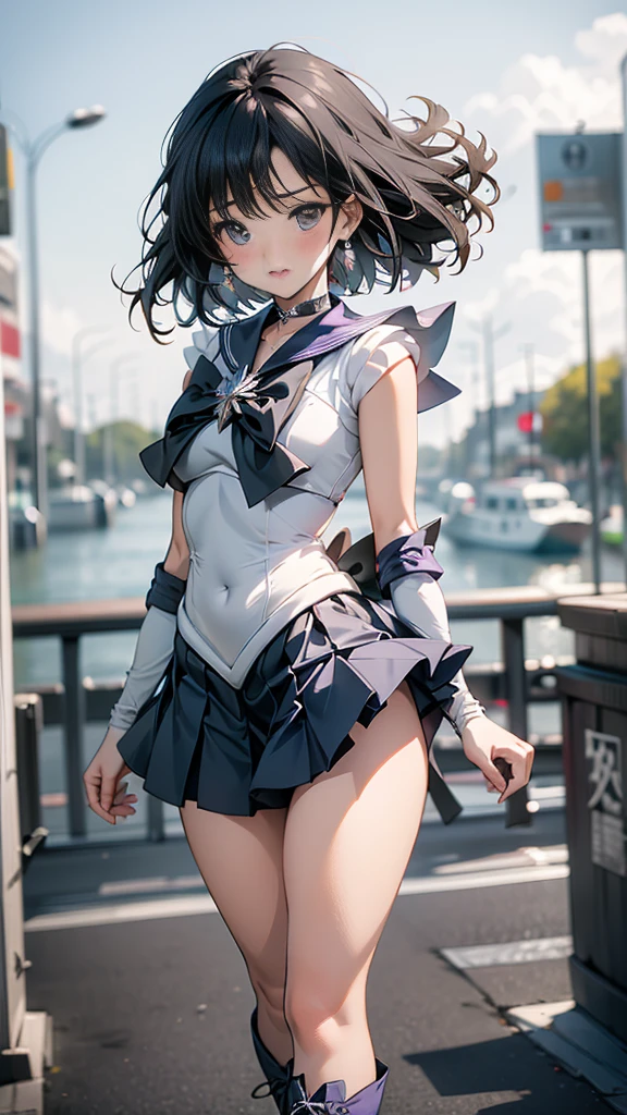 High resolution，Detailed Description，Highest quality，(Sailor Warrior Uniform),Sailor Saturn，Black Hair，universe，leotard，High Leg，Purple Skirt，Knee-high boots，Elbow Handbag，Thick thighs，The skirt is short,スカートの下に白色のleotardが見える，The skirt is blown away by the wind，blush，Embarrassed expression，Open your mouth，