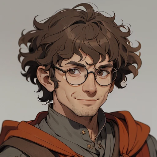(masterpiece), (best quality),(portrait),(bust up),1boy,solo,(sharp focus),(look at viewer),Bilbo Baggins, oldman,hobbit,ancient long clothes,(simple background),gray background,old school fantasy art,super shiny face,Ultra Glossy Skin,medieval farmer outfit,poor outfit,farmer,brown outfit,orange cloak,messy hair,curly hair,very short hair,perm hair,smile,Round Glasses