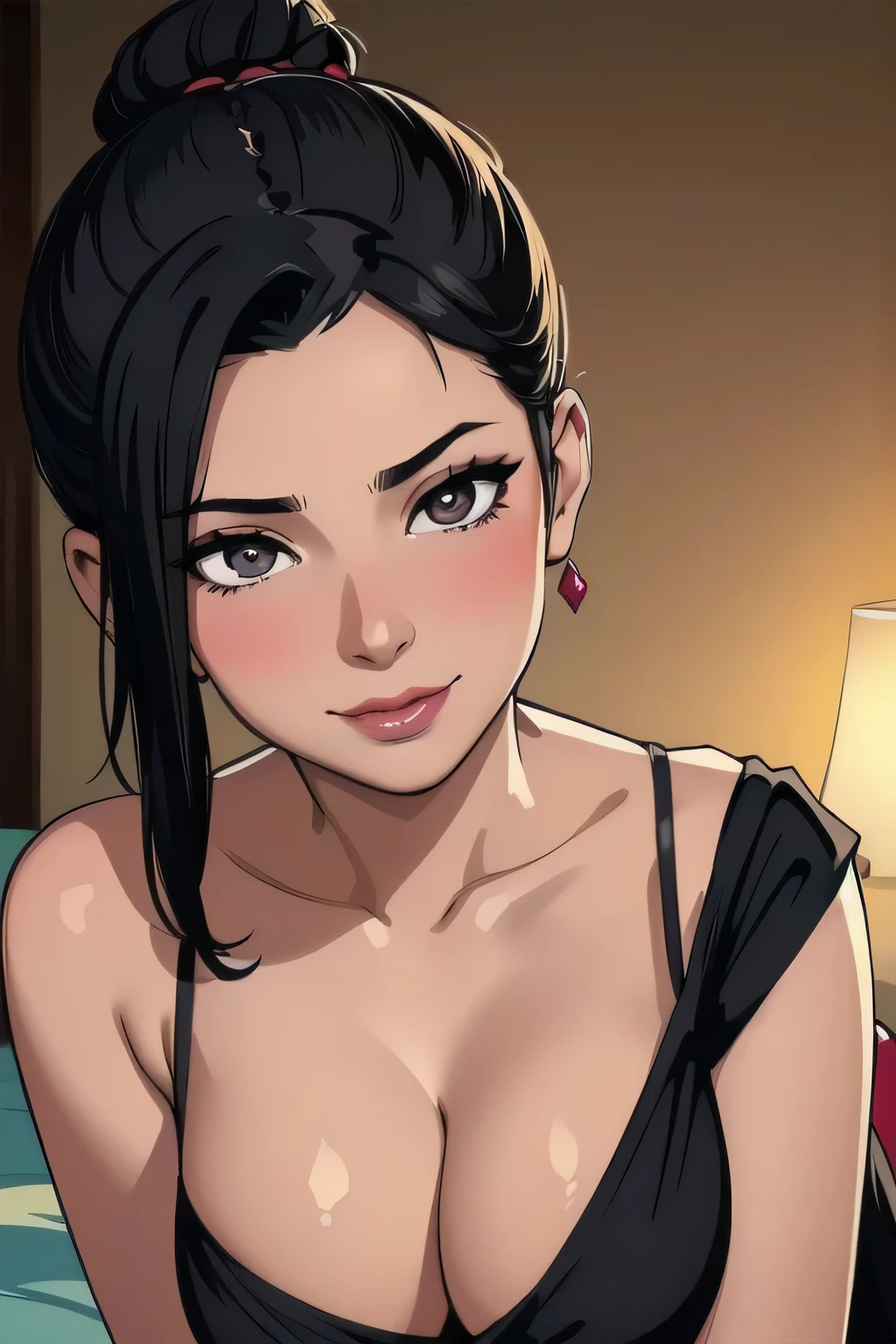 Amazing portraits of a sexy woman who is a MILF and a neighbour with her black hair in a bun and seductive eyes while blushing with a seductive smile and amazing makeup wearing a saree with a lustful look and a sultry pose
