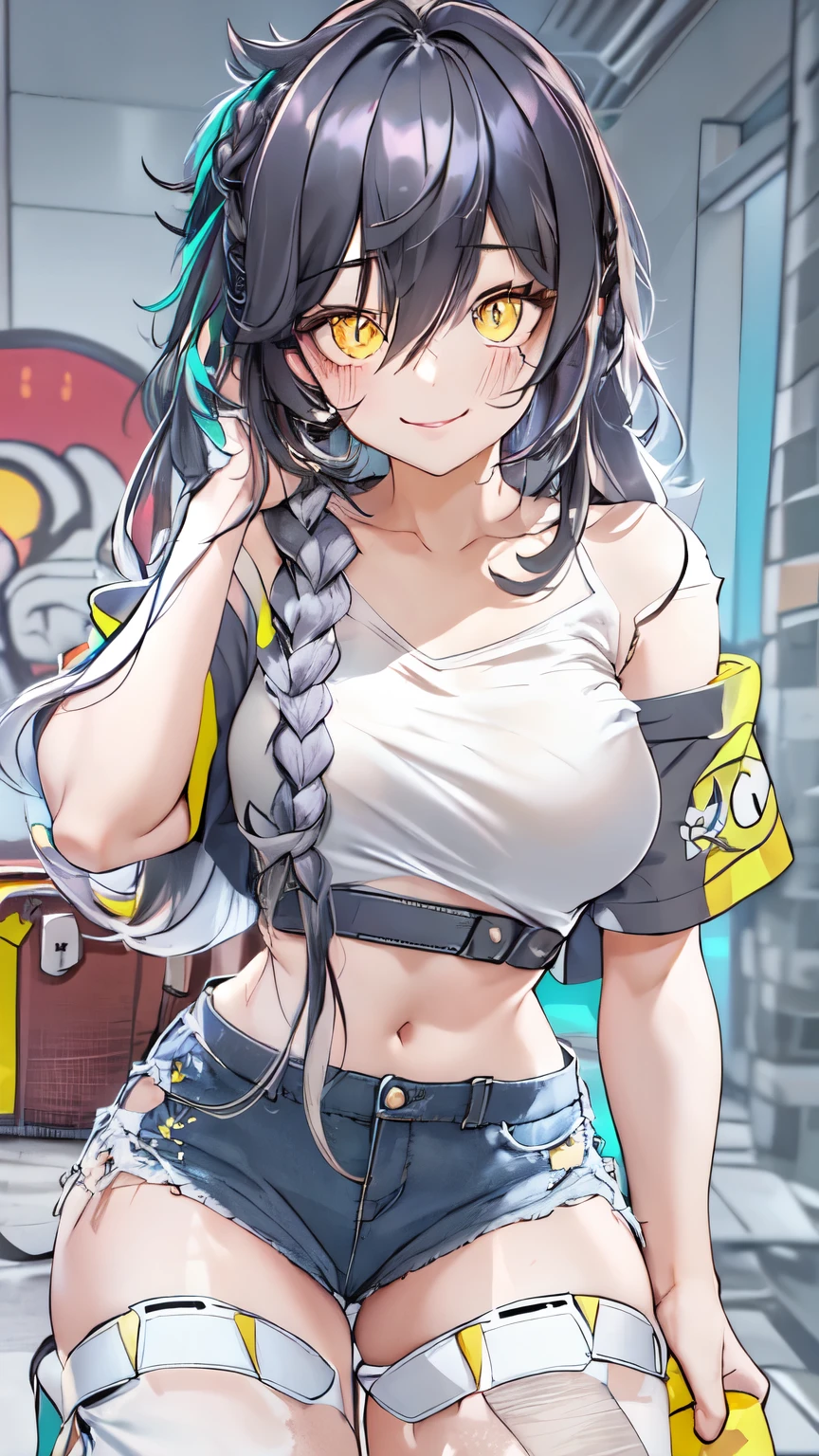1girl, solo, ultra long hair, looking at viewer, black hair, bandaid on face, yellow eyes, smile, bandaid on nose, braid, bandaid, ultra detailed face, masterpiece, bangs, breasts, bare shoulders, scar, shirt, bare shoulders, white shirt, short sleeves, closed mouth, t-shirt, hair over one eye, portrait, bag, hair over shoulder, shorts, fullbody shot, cute, messy hair