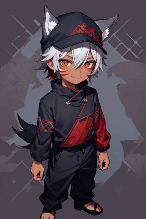 1 man,(chibi),(((full body))),((standing)),wolf ear,(black color cap),dove gray hair,blue ayes,detailed eyes,green background,half-closed eyes,asian,dark-skinned male,undisturbed clothing,sleepy,(((Red patterned makeup on the face))),black Triangular makeup on the face,smile, happy