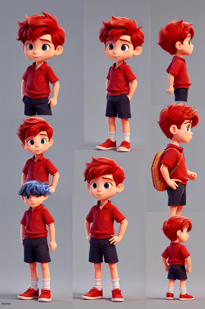 Character Image,  boy, boy, in various angles and postures. floppy, sketch, 3 years old, baby, with red hair, colorful outfit, the same in all images, happy, glad, black backdrop



