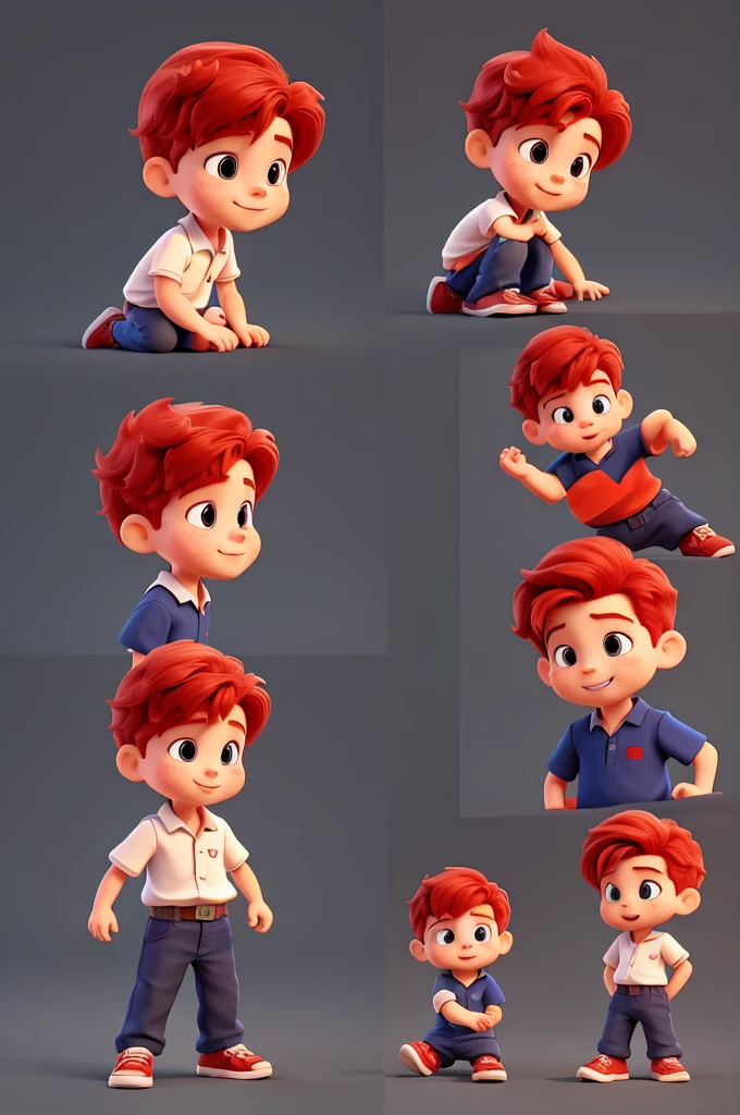 Character Image,  boy, boy, in various angles and postures. floppy, sketch, 3 years old, baby, with red hair, colorful outfit, the same in all images, happy, glad, black backdrop



