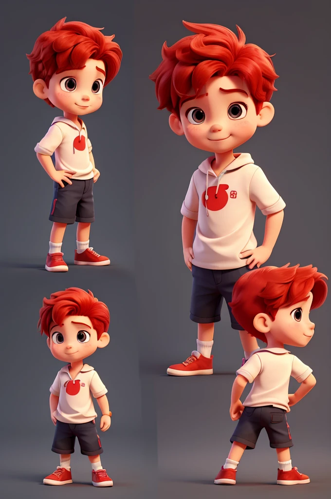 Character Image,  boy, boy, in various angles and postures. floppy, sketch, 3 years old, baby, with red hair, colorful outfit, the same in all images, happy, glad, black backdrop



