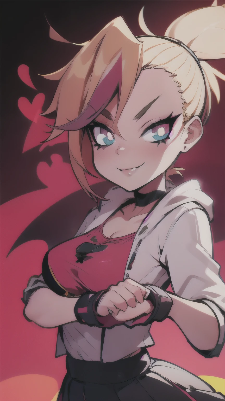 (best quality:1.2),solo,1girl,mdrin,smile,looking at viewer,crossed arms,ponytail,v-shaped eyebrows,white jacket,red shirt,fingerless gloves,black skirt,choker,illustration,detailed background,soft lighting,vibrant colors,fantasy style,blurred foreground,flower garden,subtle shadows,daytime ambiance,lens flare,expressive eyes,lively atmosphere,joyful expression,impeccable makeup,glossy lips,twinkling eyes,sunlit scene,whimsical feeling