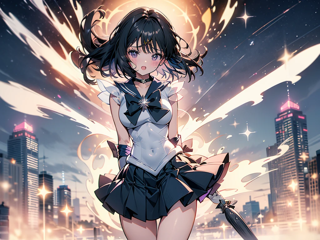 High resolution，Detailed Description，Highest quality，(Sailor Warrior Uniform),Sailor Saturn，Black Hair，universe，leotard，High Leg，Purple Skirt，Knee-high boots，Elbow Handbag，Thick thighs，The skirt is short,スカートの下に白色のleotardが見える，The skirt is blown away by the wind，blush，Embarrassed expression，Open your mouth，