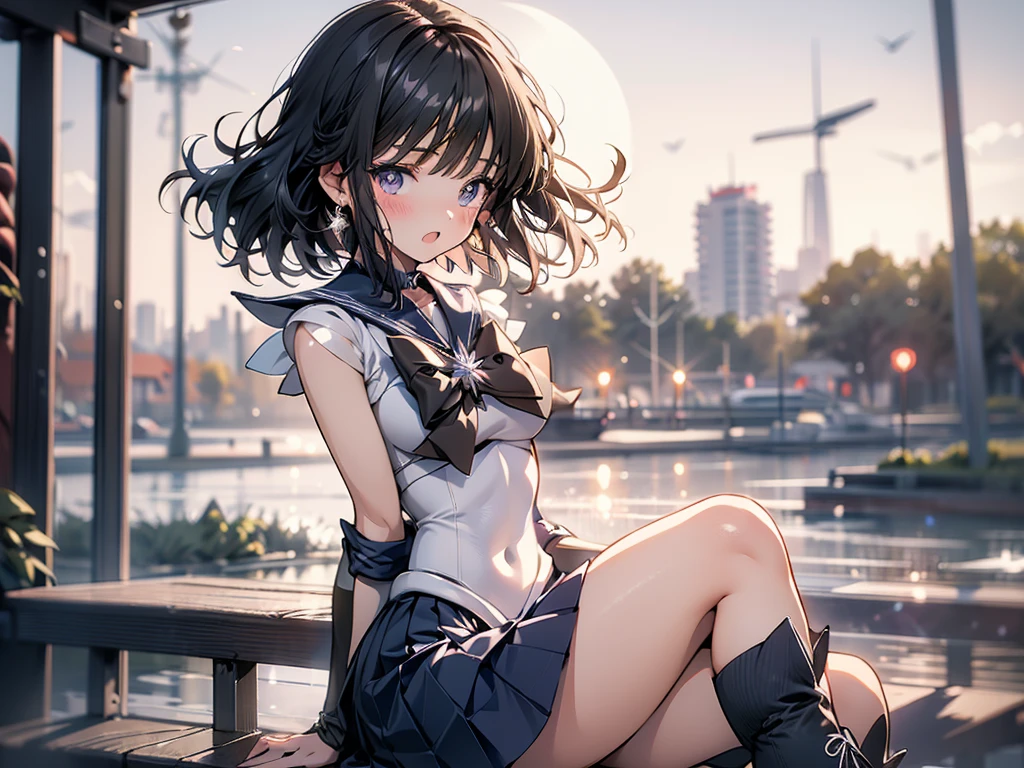 High resolution，Detailed Description，Highest quality，(Sailor Warrior Uniform),Sailor Saturn，Black Hair，universe，leotard，High Leg，Purple Skirt，Knee-high boots，Elbow Handbag，Thick thighs，The skirt is short,スカートの下に白色のleotardが見える，The skirt is blown away by the wind，blush，Embarrassed expression，Open your mouth，