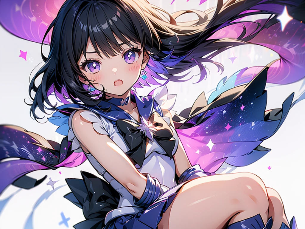 High resolution，Detailed Description，Highest quality，(Sailor Warrior Uniform),Sailor Saturn，Black Hair，universe，leotard，High Leg，Purple Skirt，Knee-high boots，Elbow Handbag，Thick thighs，The skirt is short,スカートの下に白色のleotardが見える，The skirt is blown away by the wind，blush，Embarrassed expression，Open your mouth，