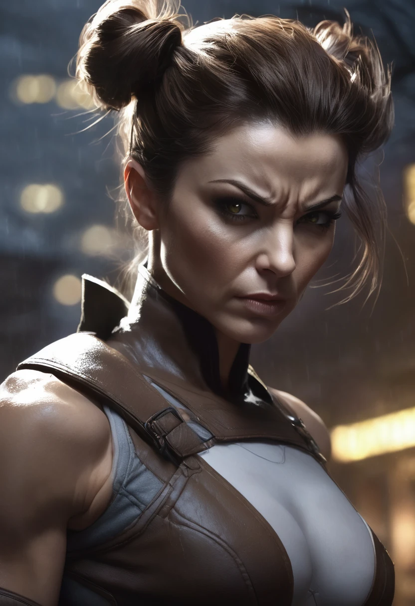 1 woman, nocturnal environment, wearing female version wolverine costume, muscular female body, detailed facial features, feminine brown eyes, detailed white skin, brown hair in double side buns, image showing full body, dramatic lighting, cinematic composition, cold palette, dark colors, atmospheric fog, strong body, thin chin, serious face, adult woman, (best quality, 4K, 8K, high resolution, art: 1.2), ultra-detailed, (realistic, photorealistic, photorealistic: 1.37)