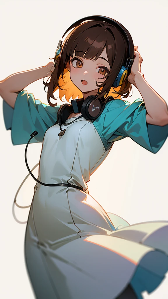 One girl, Brown Hair, Medium Hair, Textured skin, chest, Open your mouth, Bright Eyes, happiness/joy, Simple Background, Headphones worn behind the head, Anime Bangs, Dress up、Hair that hides one eye,Lady