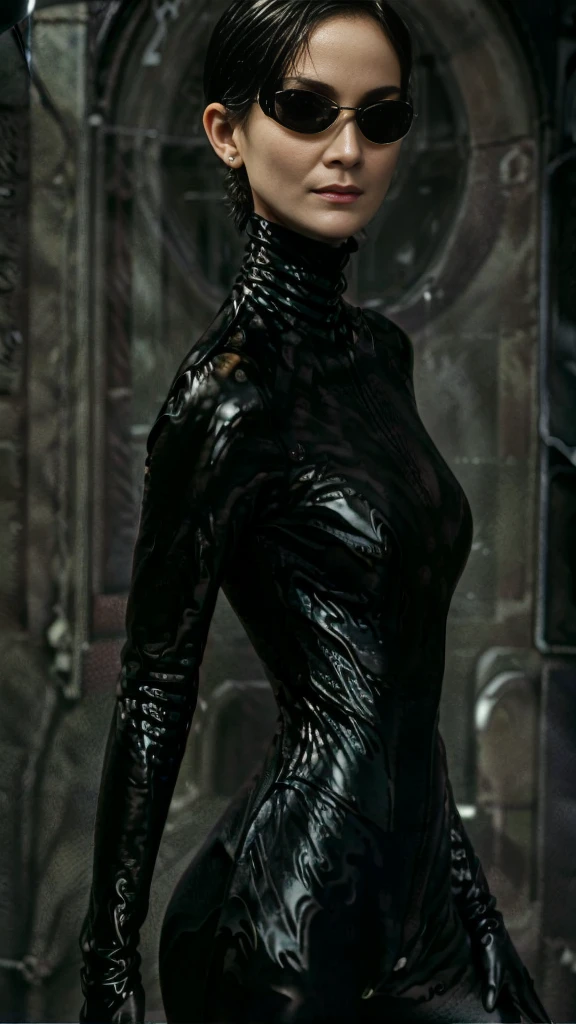 (Carrie-Ann Moss)(Trinity from The Matrix)short black hair,black (thin black sunglasses), gorgeous eyes, high arched eyebrows, seductive look,looking at viewer,big breasts,exposed cleavage,(black high gloss turtleneck vinyl jumpsuit:1.5), black leather pants, stilettos, midnight modern metropolis Paris France neon signs background, spot lighting, backlight on hair, shallow depth of field, bokeh, sexy pose, nipples, cameltoe:1.3