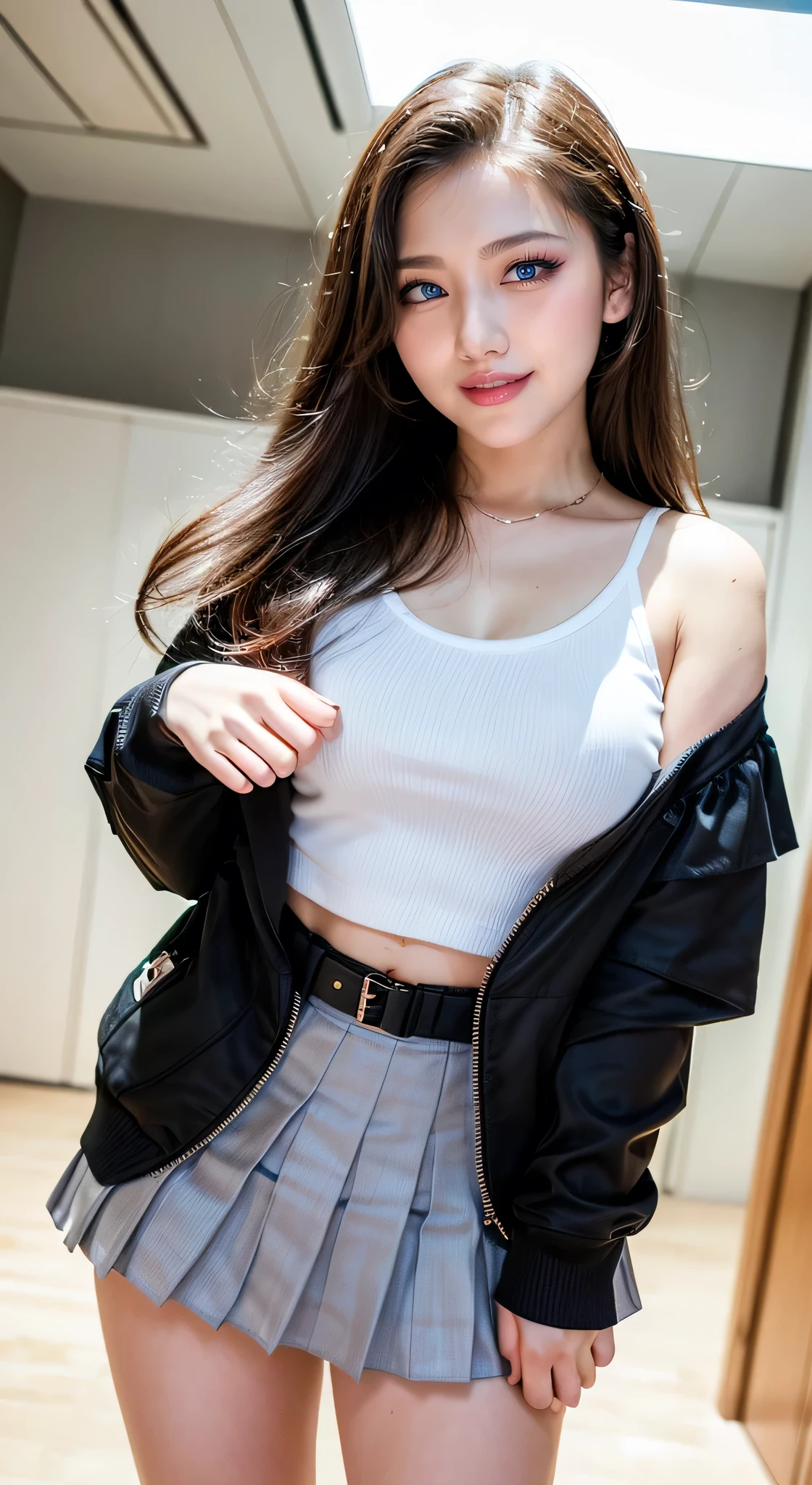 (High resolution photo, bust, 1 girl, 28 years old, woman, facial details, baby fat, waist accessories, smile, showing less teeth, white skin, upper body, School Attire with mini pleated skirt, model pose, studio lighting)