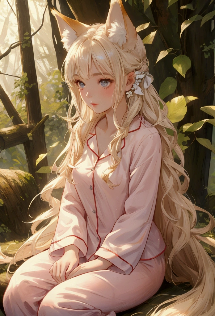 A professional high-quality photo, in 4K resolution, captures in realistic detail a charming girl in a fluffy white pajama with ears and foxtail. She is sitting in the middle of an enchanted forest, where every element is portrayed to perfection. The textures of the pajamas, ears and tail are sharp and palpable. Sunlight falls on the leaves and gently illuminates the girl's face, highlighting each delicate and charming expression  