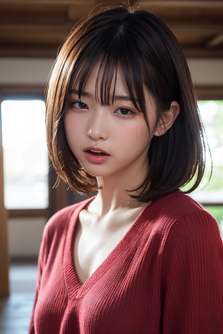(masterpiece:1.2), Very detailed, Ultra-high resolution, (Realistic, photo Realistic:1.37), High resolution raw color photos, Professional photos, Dramatic lighting, Sharp focus:1.2, (Very detailed顔と肌の質感, Very beautiful eyes, Glowing Skin, Glowing Skin, Glowing Skin, Shining Face, Gloss, Oily skin, greasy face, Oily skin, greasy face, 強いGloss), Perfect Anatomy, Very detailed背景, 1 female, 30-year-old woman, Japanese women, (Medium Hair, Straight hair, bangs:1.3, Brown Hair), (Lean：Weight 1.0), (Flat Chest:1.3), Female portrait photography、Upper Body, (Blurred Background、Station platform), from the front撮った写真、from the front、Looking into the camera、(((Sweat, blush, close your eyes, Open your mouth:1.3))), (Tilt your head:1.3), (vivid red tunic Sweater)、(((Upper Bodyは裸)))、Nipples sticking out