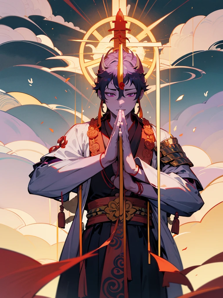 Dragon God Kannon Bodhisattva,Purple eyes, Horn, White shorthair, Black Armor, torii, male, Buddha, Praying with hands together, Zazen, Japanese sword, Lotus Field, pure land, 神Buddha融合