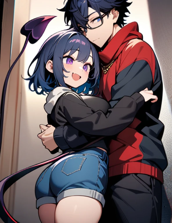1 girl and 1 boy The girl: (masterpiece), best quality, expressive eyes, perfect hybrid succubus girl face, short girl, long cyan and blue hair, magenta eyes, glasses, happy, black sports top, red thigh - High stockings , demon tail, golden necklace with a black stone, blue jean shorts, big and perfect breasts, thick thighs, perfect ass. The Boy: (masterpiece), best quality, high quality, 1 hybrid demon teenager, male focus, tall, dark blue hair, purple eyes, gray scarf, red sweatshirt with black sleeves, black pants, black and white sneakers. The girl hugs the boy, feeling his warmth.