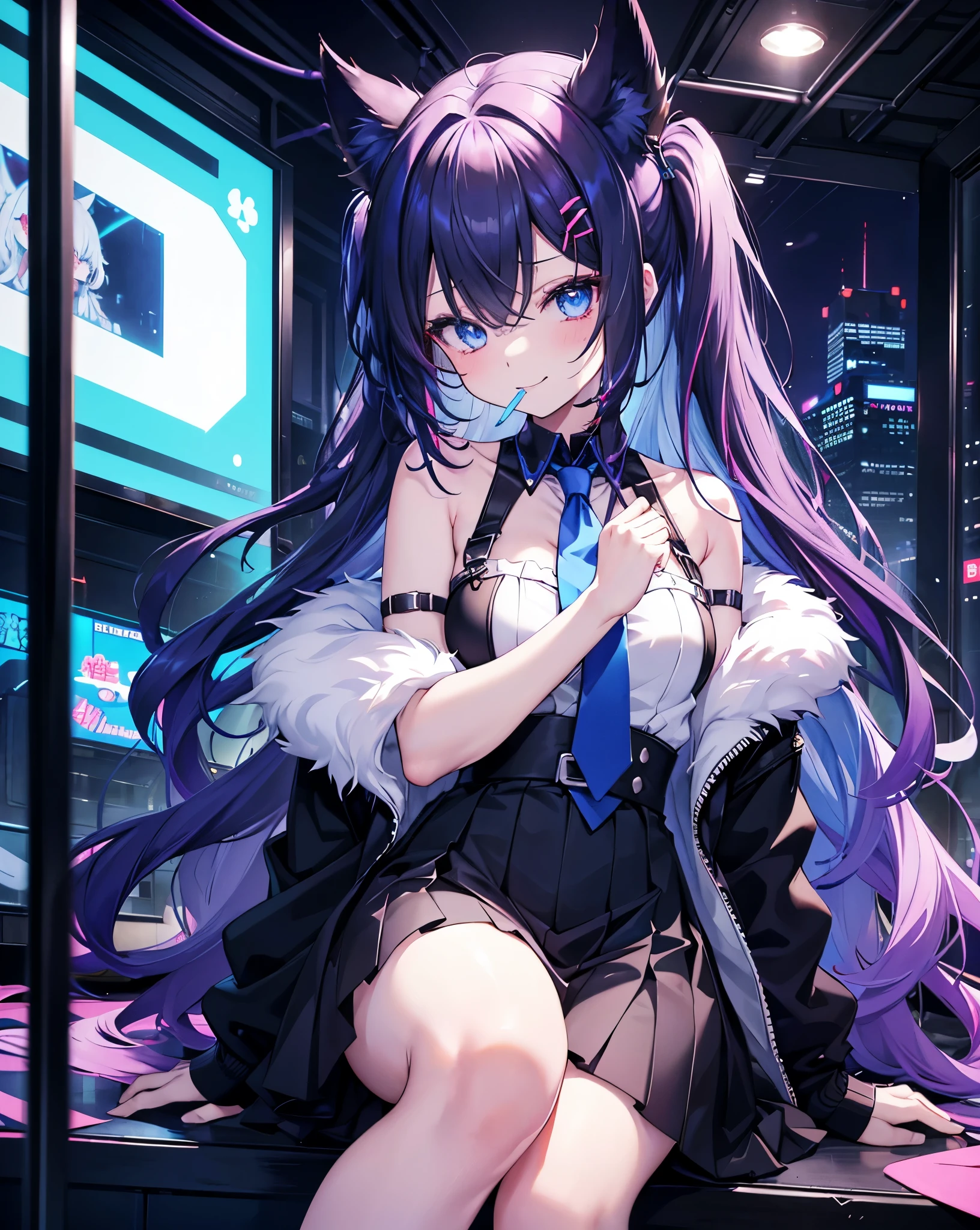 A succubus nekogirl, neko ears, demon tail, smiling with one kawaii Protruding canine as in anime, Horny face Foaming at the mouth. Half colored hair, half blue-black hair, half white hair, blue eyes, beautifull , cute and sexy. Little black and blue demon Wings.She wants me.black with loose necktie and skirt. bare shoulders.lollipop girl. She is 24 years old.She is sitted on top of a Ferris wheel Illuminated by neon lights of every color. Anime Scenery and cinematic.hdr.
