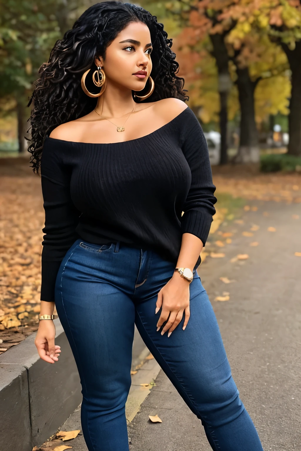 mature female, HUMAN, DARK SKIN, countershading, huge breasts, {{{long dark black curls hair, blonde highlights}}}, jeans, sweater, cleavage, brown lips, hazel eyes, wide hips, extra thicc, standing, {{hispanic, latina}}, hoop ear ring, by roly, by joelasko, by einshelm,