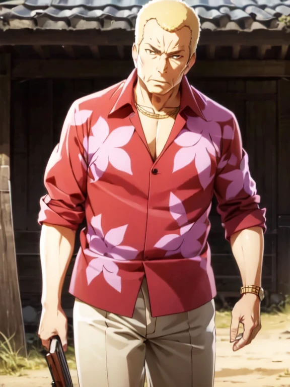 (Ultra-high resolution), (masterpiece), (Attention to detail), (high quality), (最high quality), One Man, (Teppei Hojo), Middle-aged men, elder, Blonde, (Iris), Chin, Gold Necklace, (Western Cowboy), straw hat, (🌺Patterned shirt), (Best), (Double Holster), leather gauntlet, Showdown scene in the wilderness, Cowboy standing in the dust, The moment he was about to pull out his gun, Dust in the wind