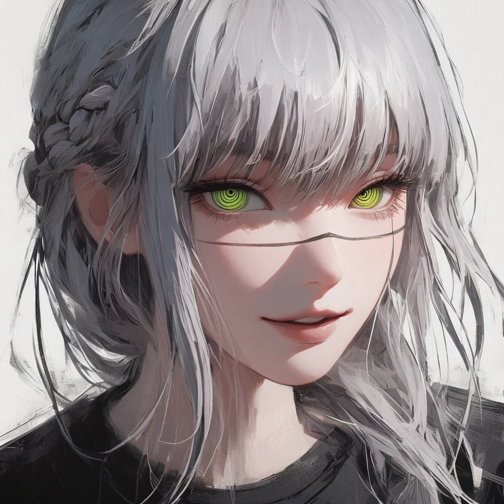 1girl, Makima, Makima from Chainsaw Man, solo, ((long_Silver hair)) hair strands, french braid, black round sunglasses, Green Ringed Eyes, parted_lips, smiling, looking_at_viewer, perfect background, indoors, side view, white_hair, bangs, eyelashes, portrait, black_shirt, shirt, hair_between_eyes, (hair strands, french braid) ((shot from behind))