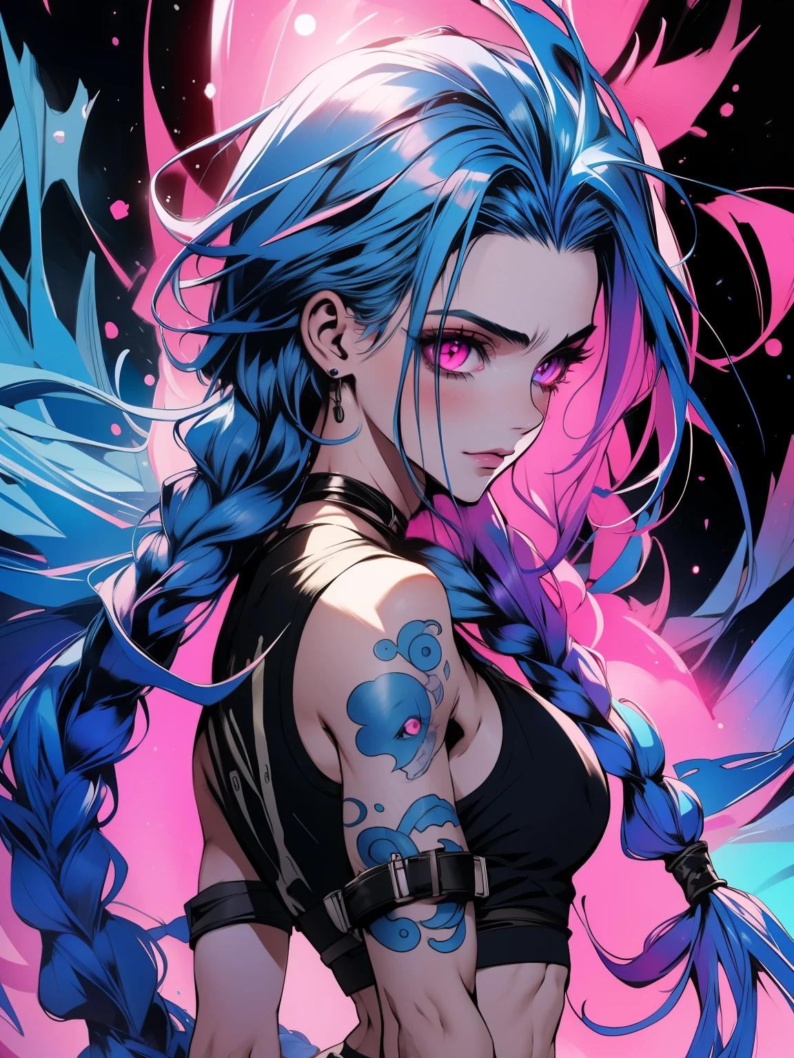 (A high resolution), (absurderes), (Best quality), (High quality), (Masterpiece), (1boy), , Glowing eyes, Pink eyes, Blue hair, Long hair, Double up braid, Jinx \(League of Legends\), arm tattoos, Crop top, Medium breasts, arms back behind,