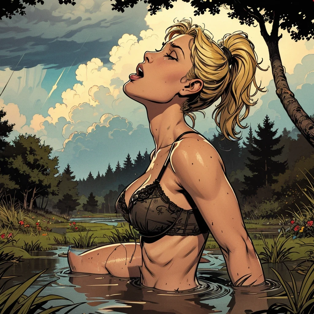 drowned in mud, bog, grass, trees, muck, orgasm, looking up, eyes closed, mouth open, stormy weather, Solo, From Side, wearing black lingerie, blonde hair in ponytail