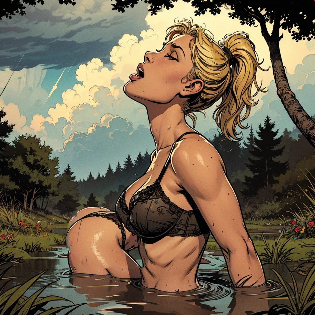 drowned in mud, bog, grass, trees, muck, orgasm, looking up, eyes closed, mouth open, stormy weather, Solo, From Side, wearing black lingerie, blonde hair in ponytail
