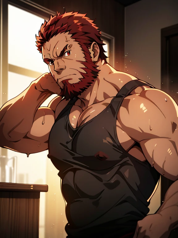 アニメ, A powerful alpha man, wicked, Jumpy, 40 years old, Supreme King, imposing lord, wearing very tight wet black tank top, large pectorals, muscular chest, gazing at viewer, pose sexy, angry facial expression, red colored eyes, red hair and beard, Wonderful highly detailed masterpiece, beautiful cinematic light deep focus, chic, digitalpainting, smooth ass, sharp focus, golden ratio, dramatic lighting, 8k, pixiv, only