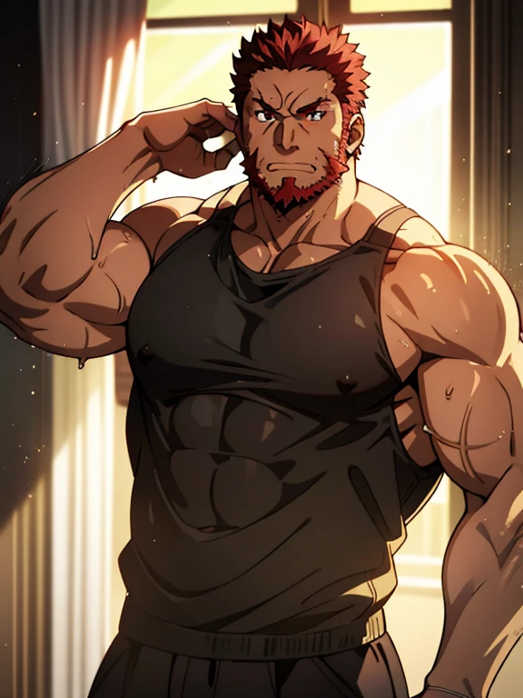 アニメ, A powerful alpha man, wicked, Jumpy, 40 years old, Supreme King, imposing lord, wearing very tight wet black tank top, large pectorals, muscular chest, gazing at viewer, pose sexy, angry facial expression, red colored eyes, red hair and beard, Wonderful highly detailed masterpiece, beautiful cinematic light deep focus, chic, digitalpainting, smooth ass, sharp focus, golden ratio, dramatic lighting, 8k, pixiv, only