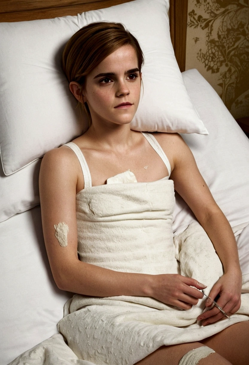 Emma Watson on a sick bed with plaster's on her body