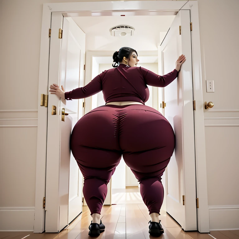 masterpiece, 1girl behind a doorway, from behind, (doorstuck, stuckbehind:1.3), ssbbw ,huge hips, round belly, thick thighs, giant butt,colorful clothing, wearing a maroon red suit and tie and formal pants, upset, desperately trying to wiggle through, she tries to free herself but she won't budge, she is stuck tight view from behind, she is too wide, the doorway is quite narrow too, she kicks her legs furiously, trying to wiggle her hips through the small door, but its no good, the door is too small, she keeps trying to squeeze through with frustration, she is stuck too tight