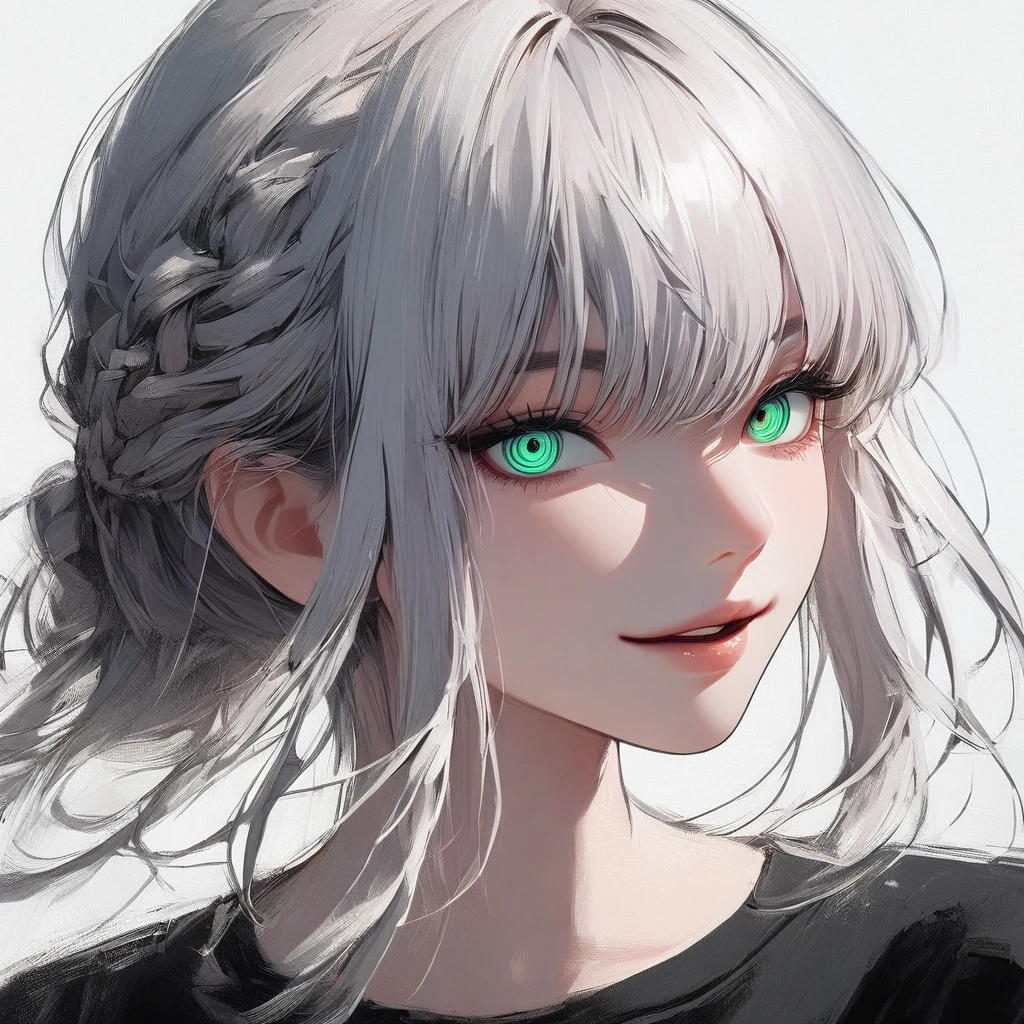1girl, Makima, Makima from Chainsaw Man, solo, ((long_Silver hair)) hair strands, french braid, black round sunglasses, Green Ringed Eyes, parted_lips, smiling, looking_at_viewer, perfect background, indoors, side view, white_hair, bangs, eyelashes, portrait, black_shirt, shirt, hair_between_eyes, (hair strands, french braid) ((shot from behind))