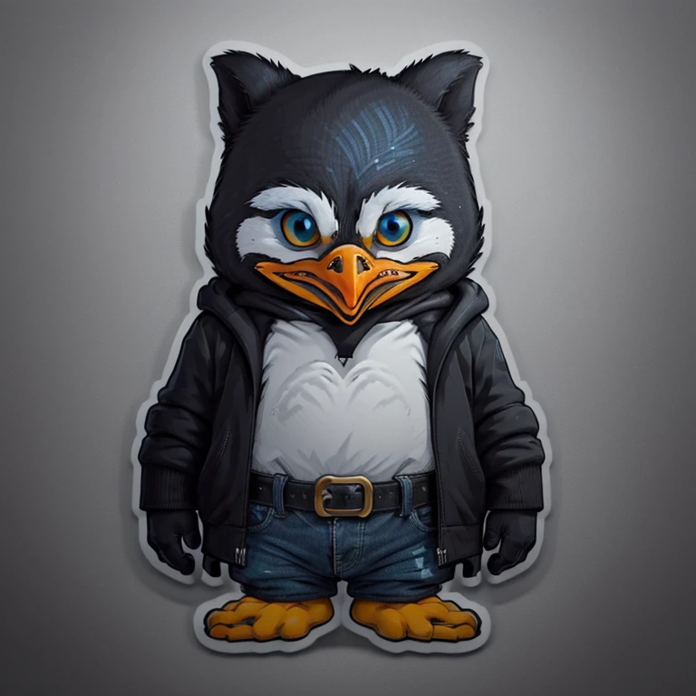 a very detailed drawing of a penguin t-shirt, makeup Corpse Paint (in Portuguese: corpse painting) is a type of black and white face paint, widely used by black metal bands, rock clothes, jackets, shorts, streetwear design , professional vector, cartoon style, full design, only 3 colors, solid colors, no shadows, full design, sticker, basic colors, white background. basic colors like blue, black and gray.
