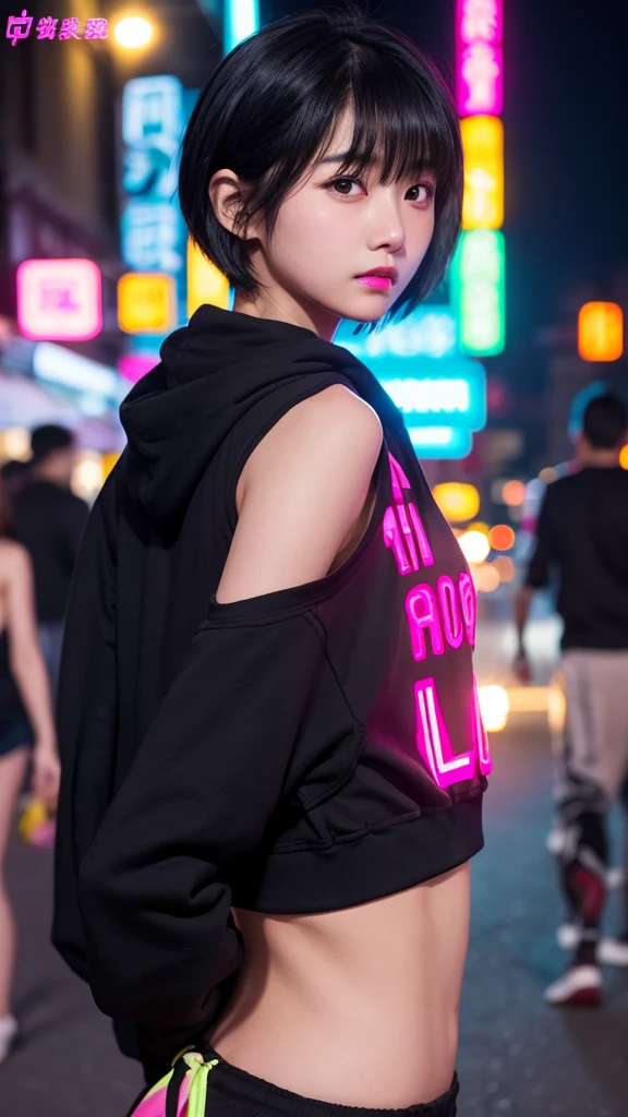 Young face、Black Hair、Short Hair、H-cup busty、Sunburn mark、Sweat、Black sports bra、Black sweatshirt、night、bustling street、custom street、Neon Light、Pink sign