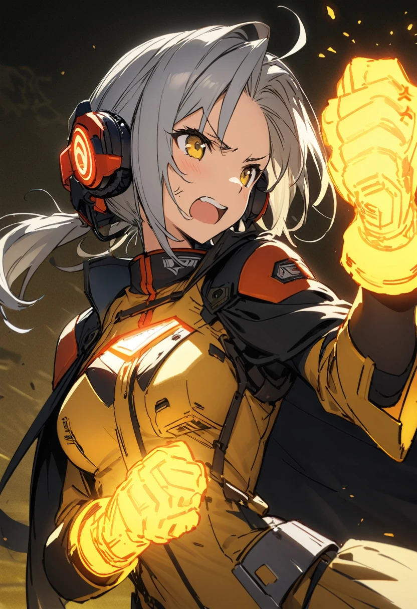 Yellow theme,masterpiece,Highest quality,Official Art,Highly detailed CG Unity 8k wallpaper,One girl, joy, Anger and sadness々Expressed with a facial expression,Single Ponytail,Glowing Fist,Mechanical headphones,(((Red combat uniform))),Black Cape,Handheld Laser Metal Weapon,Gray Hair,Character Design,Juze Shegui,sketch line drawing,