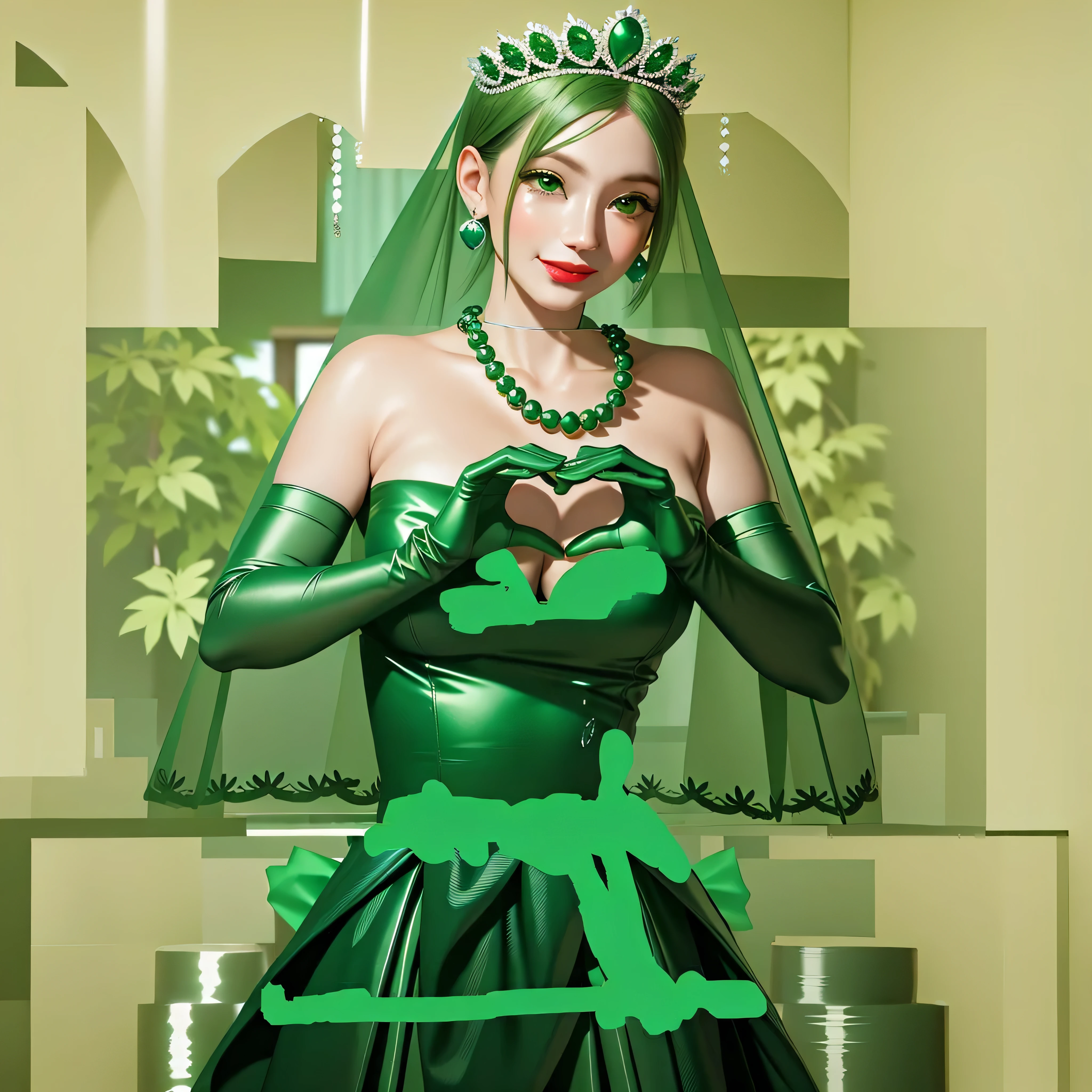 Emerald tiara, Green Pearl Necklace, Boyish very short green hair, Green Lips, Smiling Japanese woman, Very short hair, Busty beautiful lady, Green Eyes, Green satin long gloves, Green Eyes, Emerald Earrings, Green veil, Heart with both hands, Green Hair, Beautiful Japanese Woman, Heart shaped hands:1.3, green lip gloss